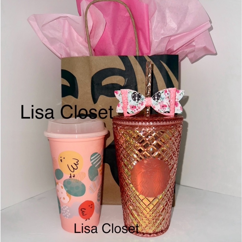 Starbucks New Pink Jeweled Tumbler and Bow Straw Topper